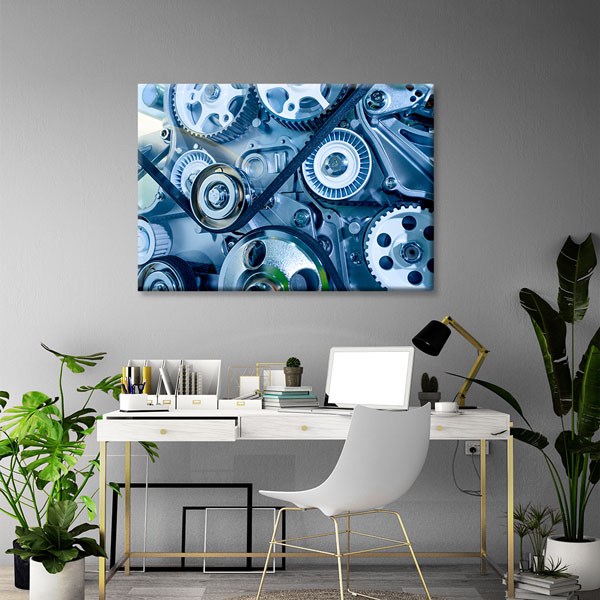 Mavi Tonlu Dişli ve Kayış Mekanizması Temalı Kanvas Duvar Tablosu – 5435