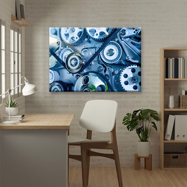 Mavi Tonlu Dişli ve Kayış Mekanizması Temalı Kanvas Duvar Tablosu – 5435