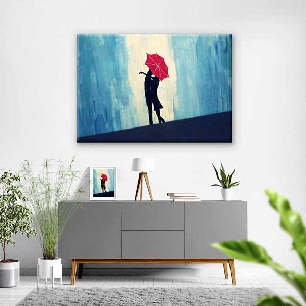Kırmızı Şemsiye Altında Aşk Romantik Kanvas Tablo 4457