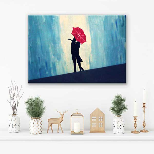 Kırmızı Şemsiye Altında Aşk Romantik Kanvas Tablo 4457
