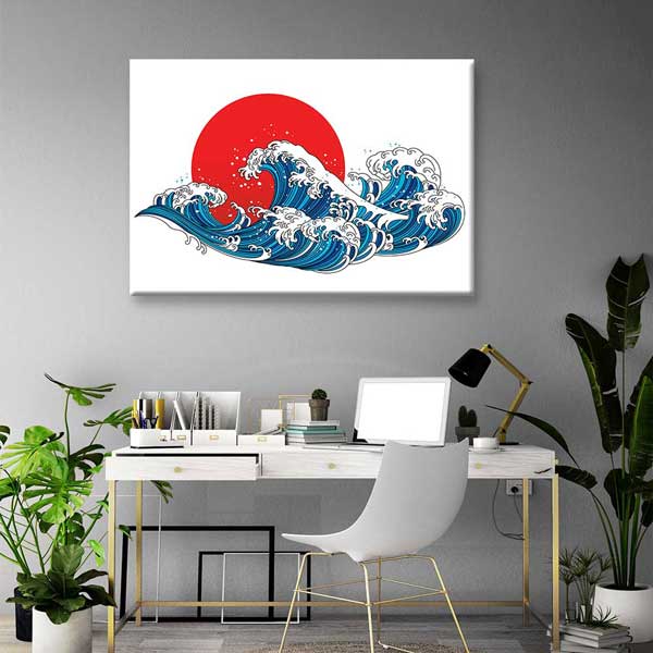 Kırmızı Güneş Önünde Japon Stil Dalga İllüstrasyonu Duvar Tablosu 4593