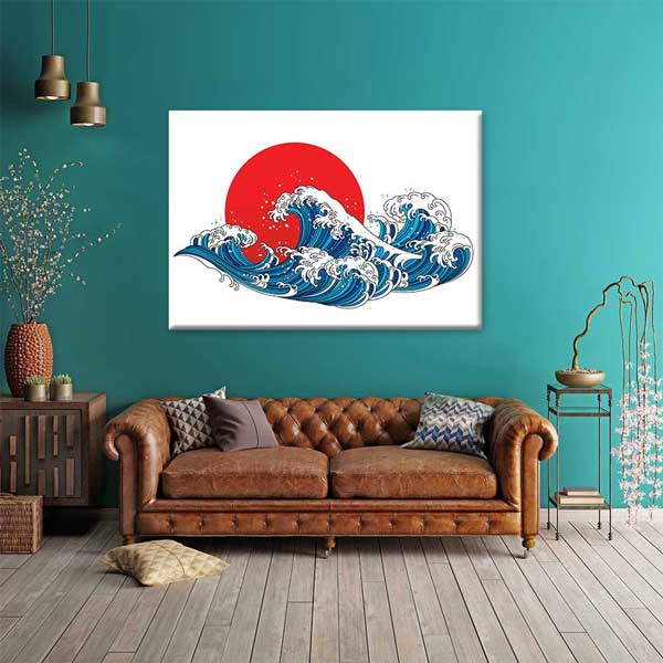 Kırmızı Güneş Önünde Japon Stil Dalga İllüstrasyonu Duvar Tablosu 4593