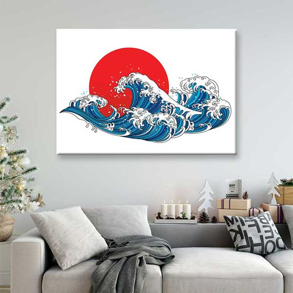 Kırmızı Güneş Önünde Japon Stil Dalga İllüstrasyonu Duvar Tablosu 4593