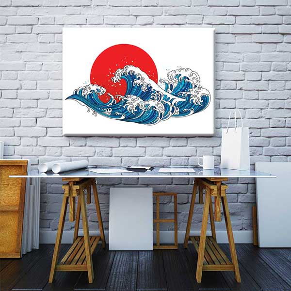Kırmızı Güneş Önünde Japon Stil Dalga İllüstrasyonu Duvar Tablosu 4593