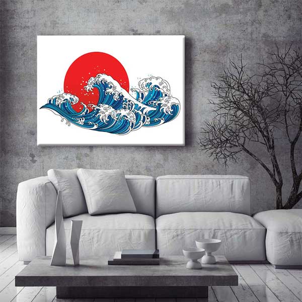 Kırmızı Güneş Önünde Japon Stil Dalga İllüstrasyonu Duvar Tablosu 4593