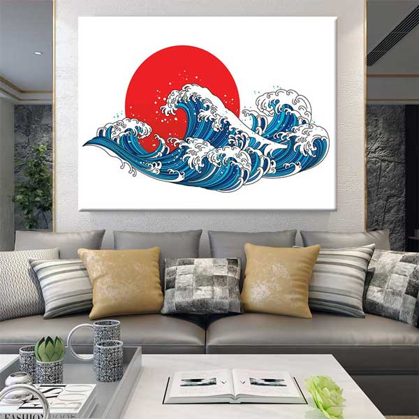 Kırmızı Güneş Önünde Japon Stil Dalga İllüstrasyonu Duvar Tablosu 4593