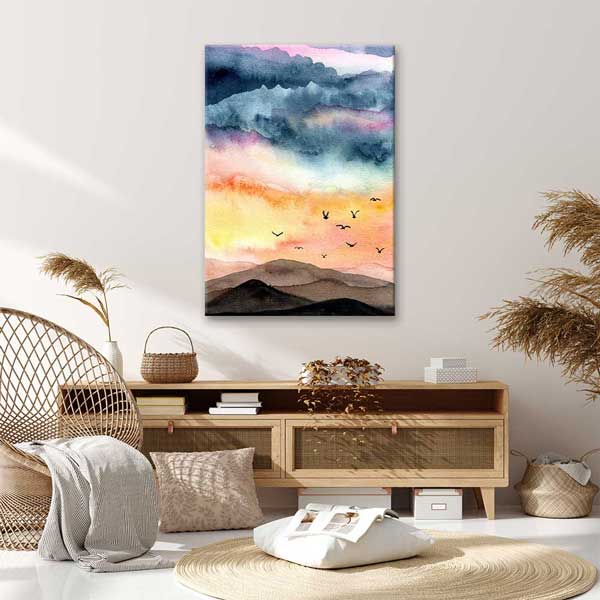 Akvarel Dağ Silüetleri ve Uçan Kuşlar Manzarası Kanvas Tablo 4699