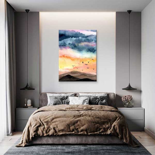 Akvarel Dağ Silüetleri ve Uçan Kuşlar Manzarası Kanvas Tablo 4699