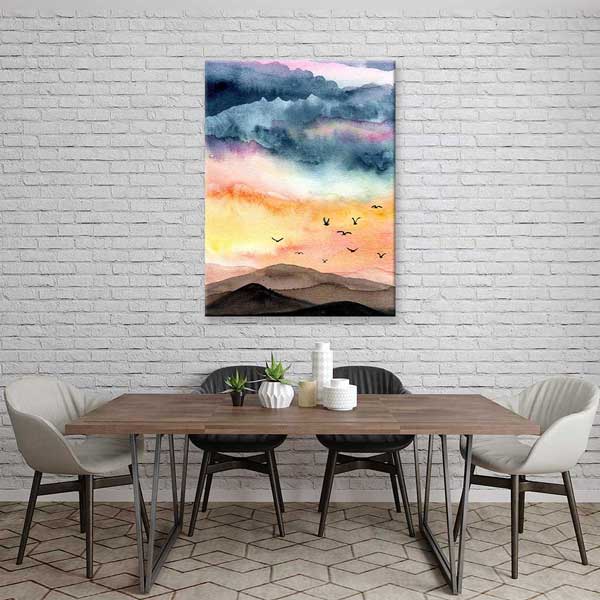 Akvarel Dağ Silüetleri ve Uçan Kuşlar Manzarası Kanvas Tablo 4699