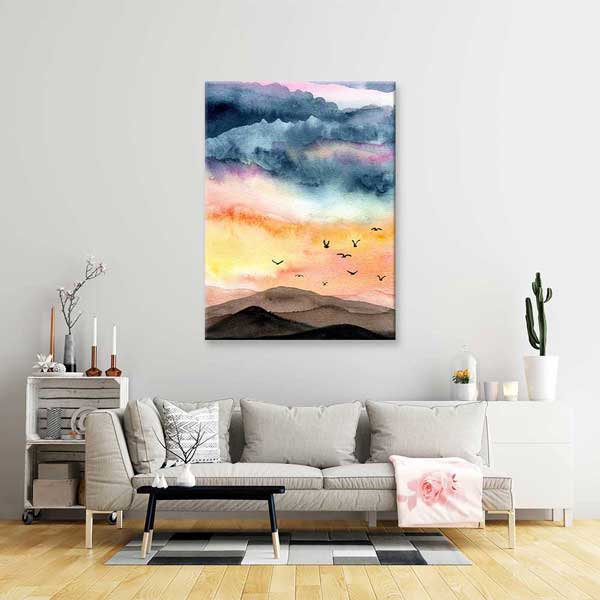 Akvarel Dağ Silüetleri ve Uçan Kuşlar Manzarası Kanvas Tablo 4699
