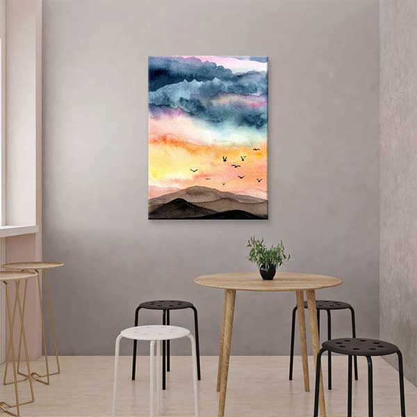 Akvarel Dağ Silüetleri ve Uçan Kuşlar Manzarası Kanvas Tablo 4699