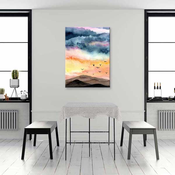 Akvarel Dağ Silüetleri ve Uçan Kuşlar Manzarası Kanvas Tablo 4699