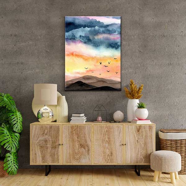 Akvarel Dağ Silüetleri ve Uçan Kuşlar Manzarası Kanvas Tablo 4699