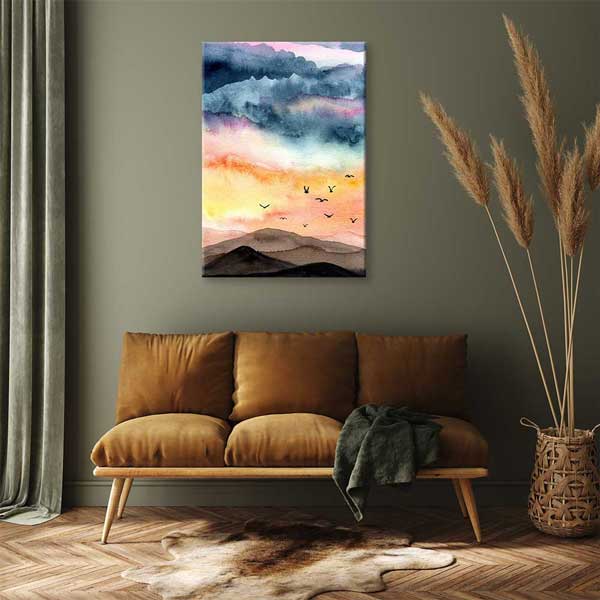 Akvarel Dağ Silüetleri ve Uçan Kuşlar Manzarası Kanvas Tablo 4699