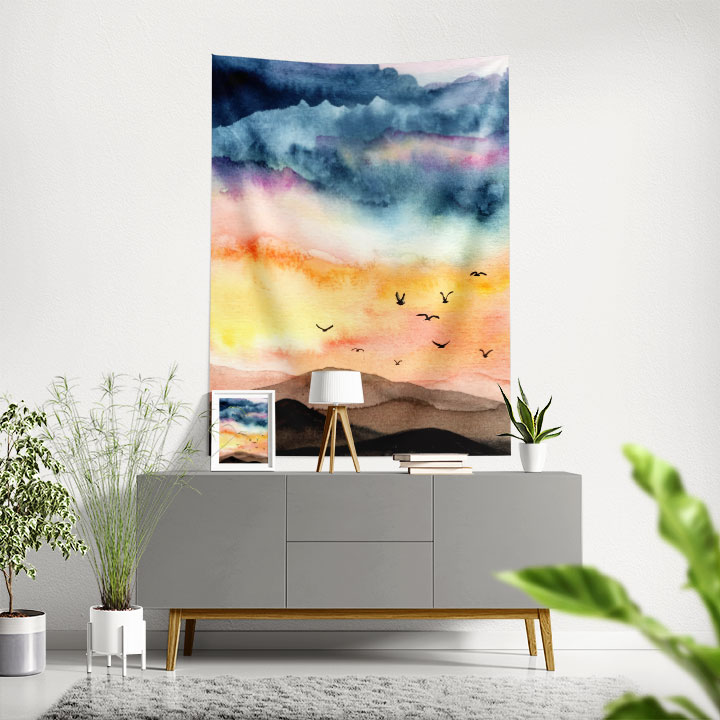 Soyut Gün Batımı ve Kuş Figürlü Sanatsal Duvar Örtüsü 4758