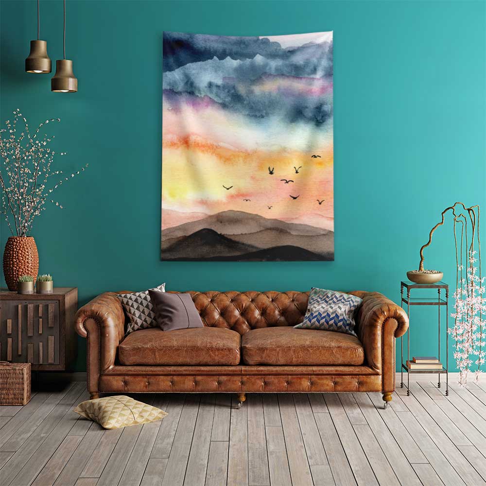 Soyut Gün Batımı ve Kuş Figürlü Sanatsal Duvar Örtüsü 4758