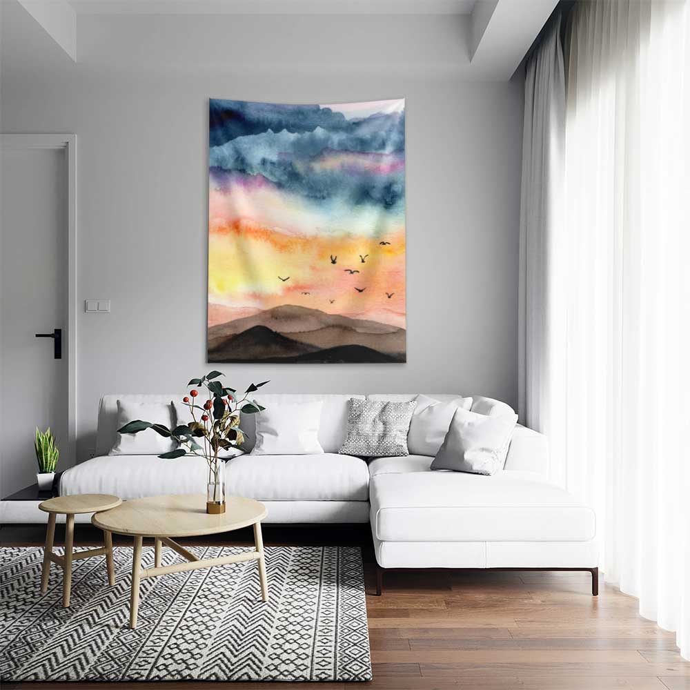 Soyut Gün Batımı ve Kuş Figürlü Sanatsal Duvar Örtüsü 4758