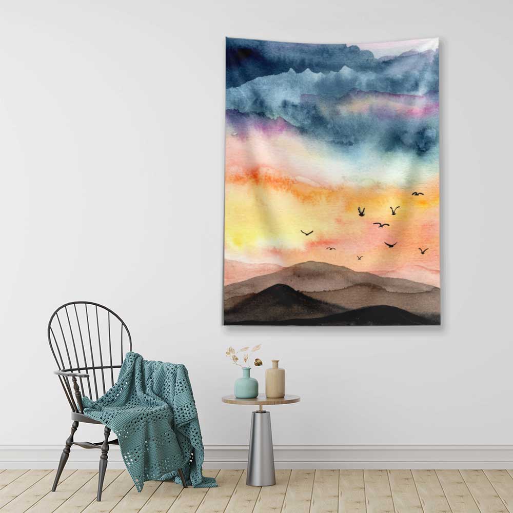 Soyut Gün Batımı ve Kuş Figürlü Sanatsal Duvar Örtüsü 4758