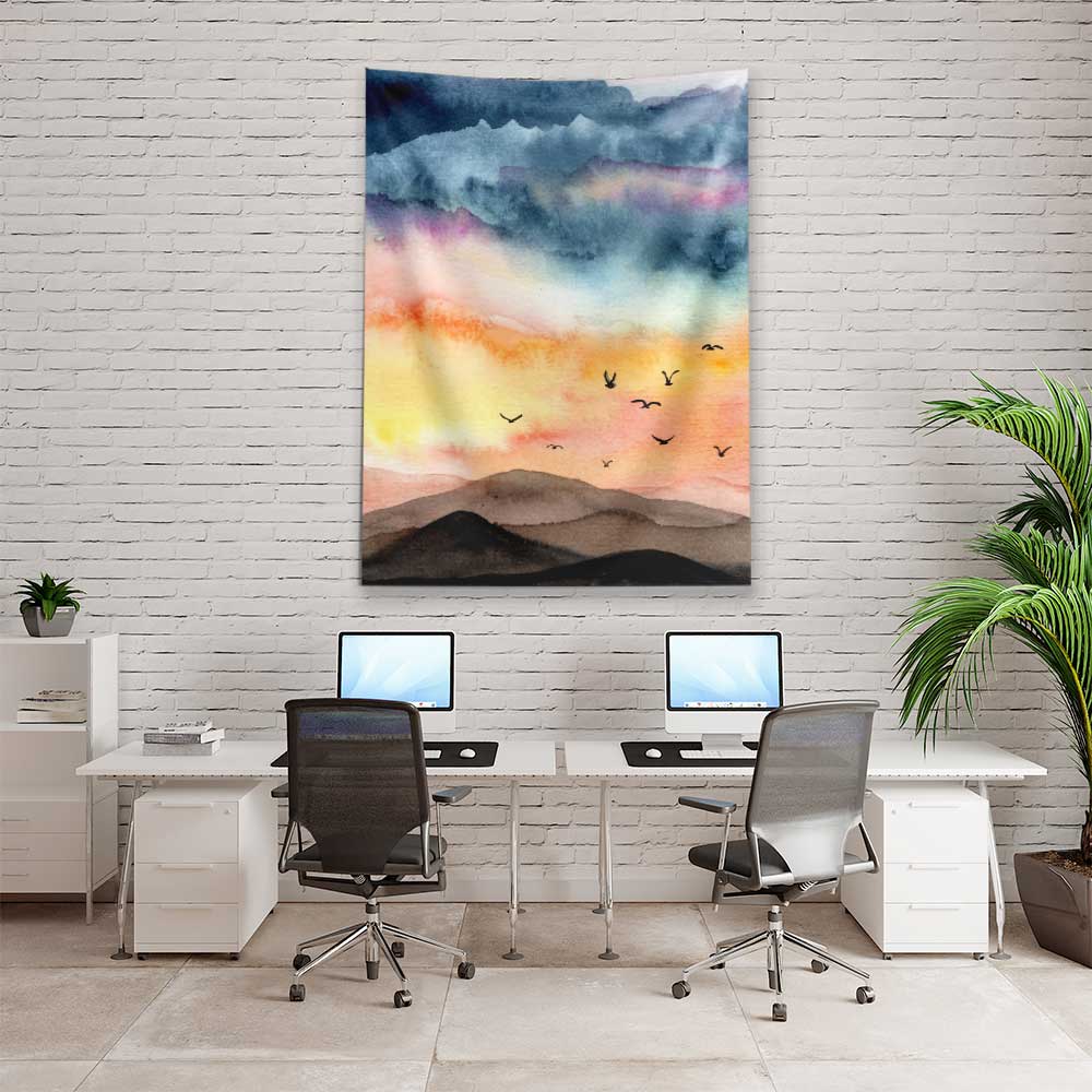 Soyut Gün Batımı ve Kuş Figürlü Sanatsal Duvar Örtüsü 4758