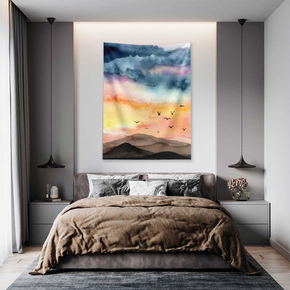Soyut Gün Batımı ve Kuş Figürlü Sanatsal Duvar Örtüsü 4758