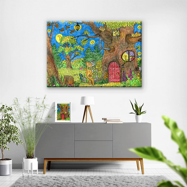 Masalsı Orman Ağaç Ev İllüstrasyonu Duvar Tablosu Kanvas Tablo 4919