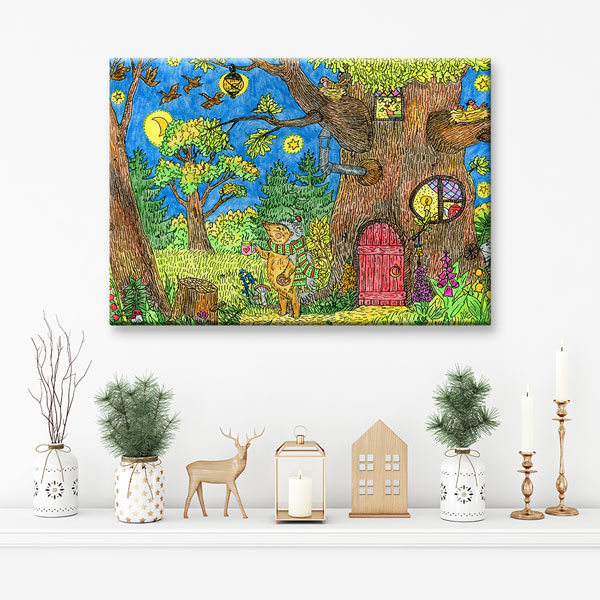 Masalsı Orman Ağaç Ev İllüstrasyonu Duvar Tablosu Kanvas Tablo 4919
