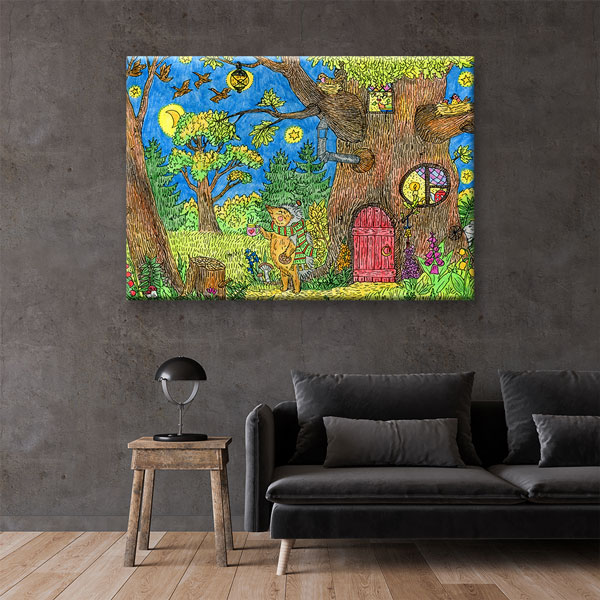Masalsı Orman Ağaç Ev İllüstrasyonu Duvar Tablosu Kanvas Tablo 4919