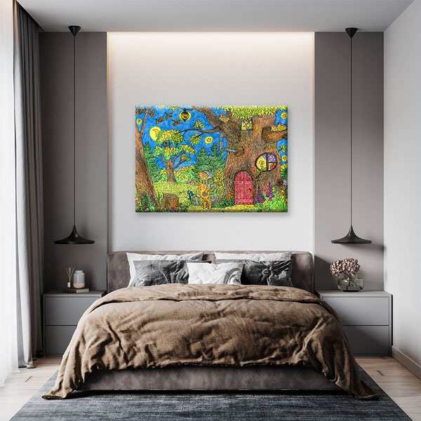 Masalsı Orman Ağaç Ev İllüstrasyonu Duvar Tablosu Kanvas Tablo 4919