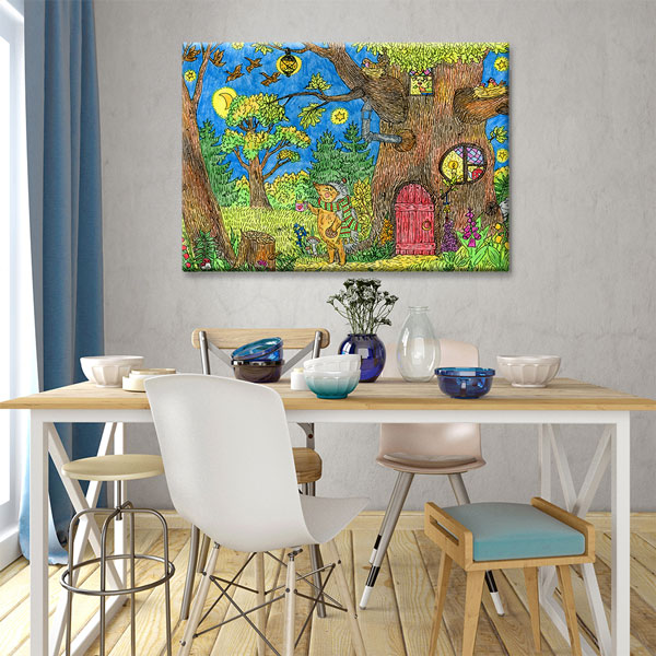 Masalsı Orman Ağaç Ev İllüstrasyonu Duvar Tablosu Kanvas Tablo 4919