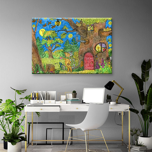 Masalsı Orman Ağaç Ev İllüstrasyonu Duvar Tablosu Kanvas Tablo 4919
