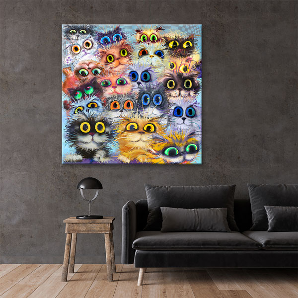 Sevimli Kedi Karakterleri Renkli İllüstrasyon Duvar Tablosu Kanvas Tablo 4926