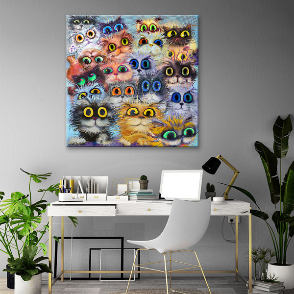 Sevimli Kedi Karakterleri Renkli İllüstrasyon Duvar Tablosu Kanvas Tablo 4926