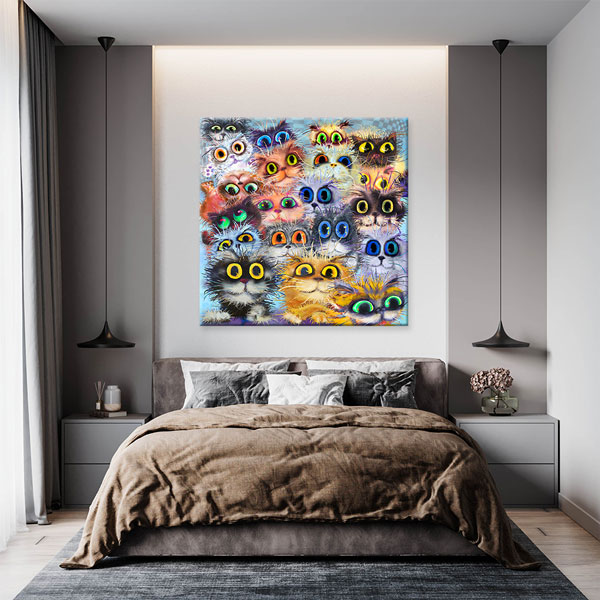 Sevimli Kedi Karakterleri Renkli İllüstrasyon Duvar Tablosu Kanvas Tablo 4926