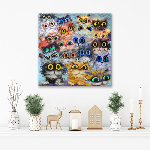 Sevimli Kedi Karakterleri Renkli İllüstrasyon Duvar Tablosu Kanvas Tablo 4926