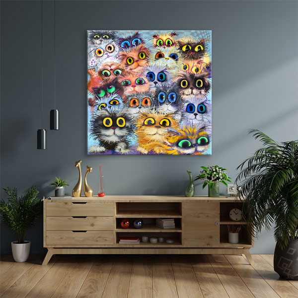 Sevimli Kedi Karakterleri Renkli İllüstrasyon Duvar Tablosu Kanvas Tablo 4926