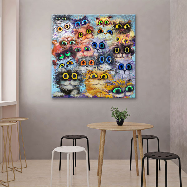 Sevimli Kedi Karakterleri Renkli İllüstrasyon Duvar Tablosu Kanvas Tablo 4926
