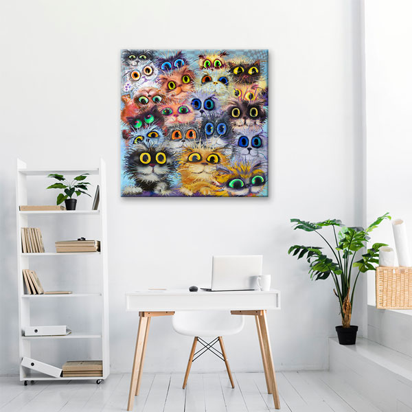 Sevimli Kedi Karakterleri Renkli İllüstrasyon Duvar Tablosu Kanvas Tablo 4926