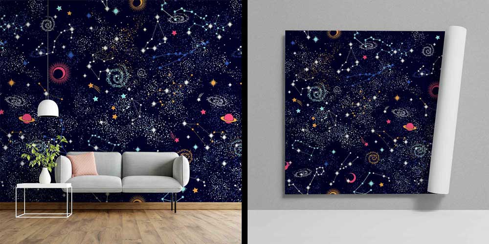 Takımyıldızları ve Gezegen Desenli Uzay Temalı Duvar Kağıdı 4337