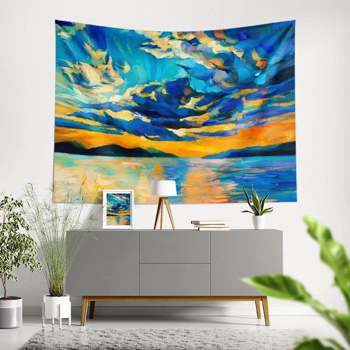 Mavi Turuncu Gün Batımı Göl Manzarası Duvar Örtüsü 4438