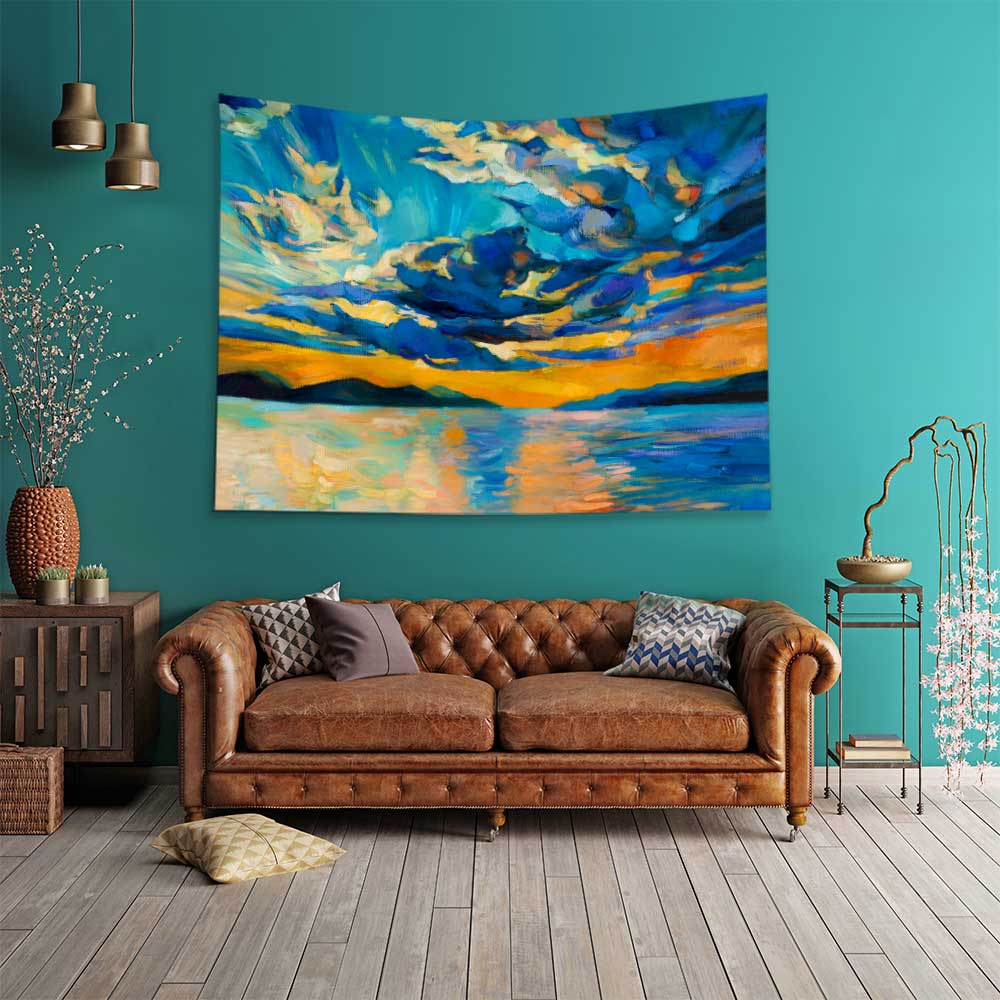duvarda-sanat-4438-01 Mavi Turuncu Gün Batımı Göl Manzarası Duvar Örtüsü 4438
