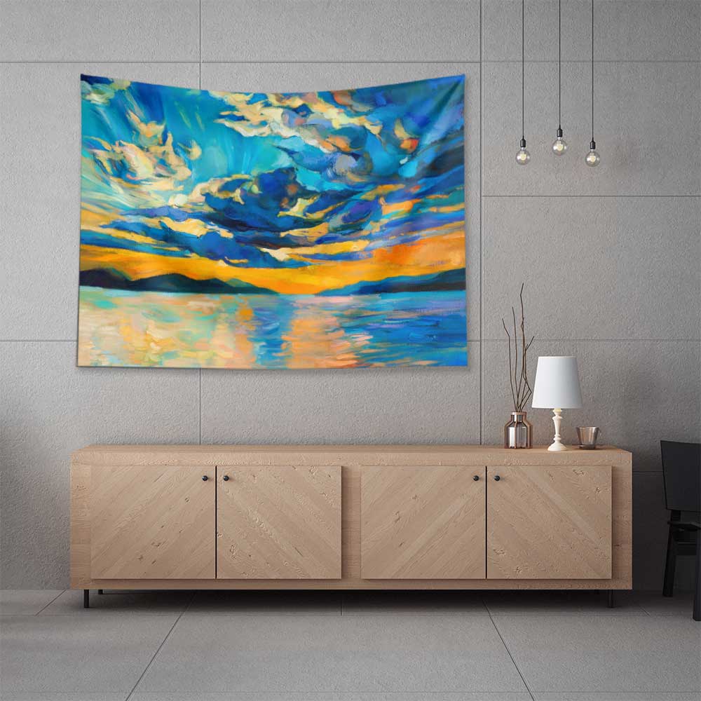 duvarda-sanat-4438-02 Mavi Turuncu Gün Batımı Göl Manzarası Duvar Örtüsü 4438