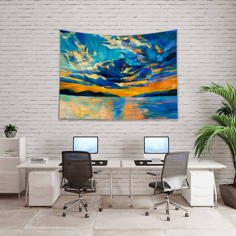 duvarda-sanat-4438-03 Mavi Turuncu Gün Batımı Göl Manzarası Duvar Örtüsü 4438