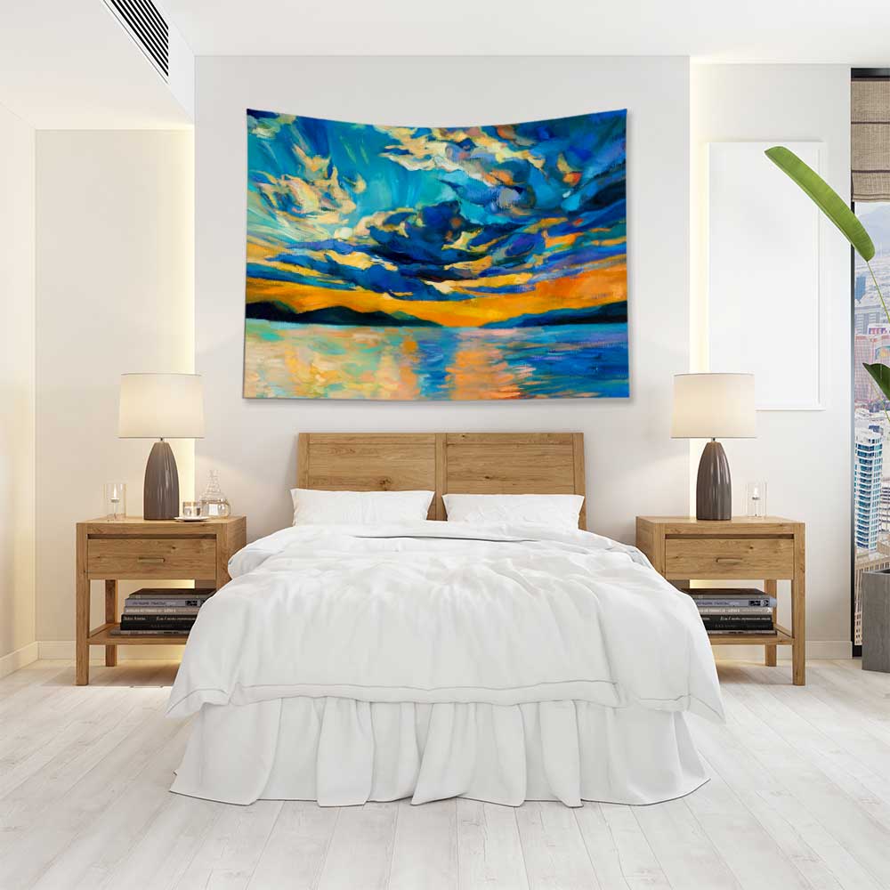 duvarda-sanat-4438-04 Mavi Turuncu Gün Batımı Göl Manzarası Duvar Örtüsü 4438