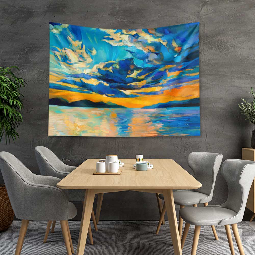 duvarda-sanat-4438-05 Mavi Turuncu Gün Batımı Göl Manzarası Duvar Örtüsü 4438