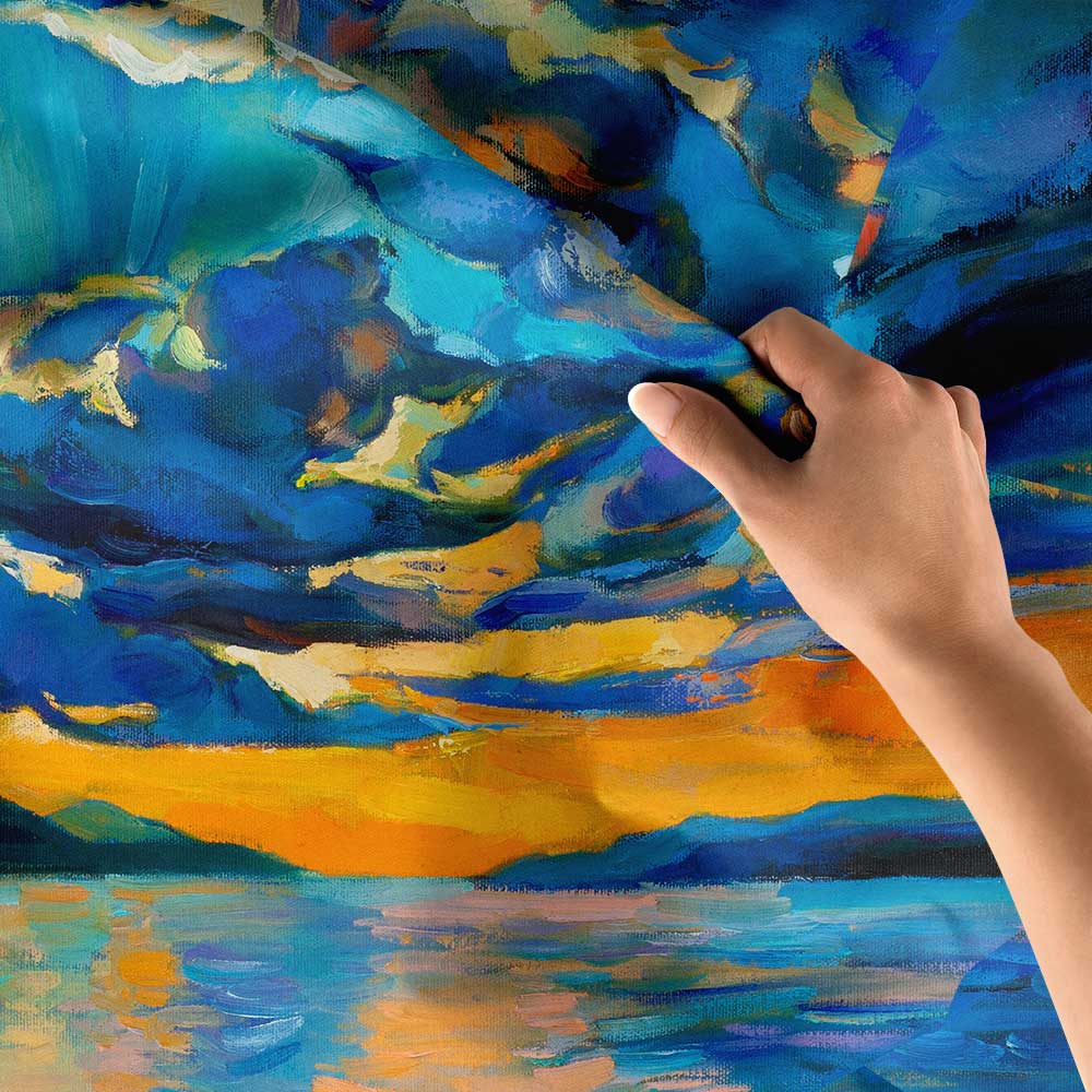 duvarda-sanat-4438-06 Mavi Turuncu Gün Batımı Göl Manzarası Duvar Örtüsü 4438