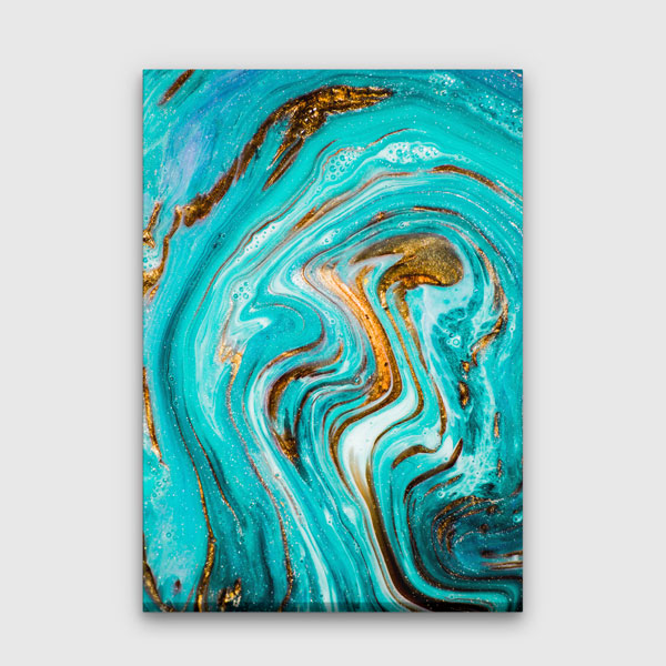 Turkuaz ve Altın Tonlu Modern Ebru Sanatı Dikey Duvar Tablosu Kanvas Tablo 12152