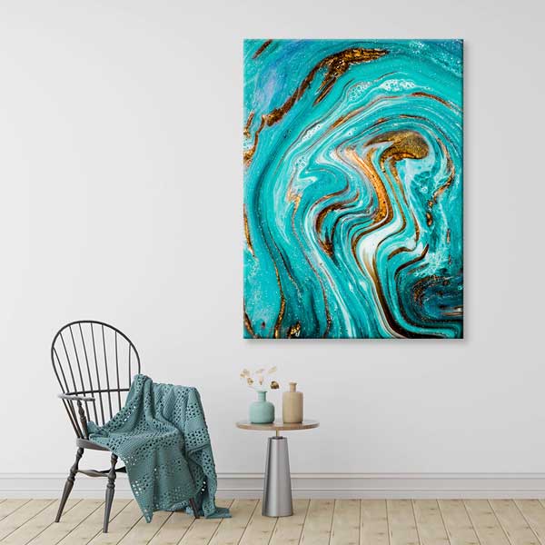 Turkuaz ve Altın Tonlu Modern Ebru Sanatı Dikey Duvar Tablosu Kanvas Tablo 12152