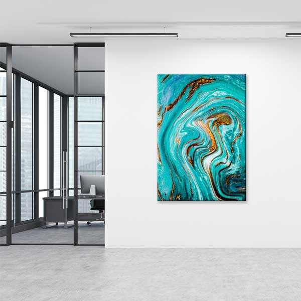 Turkuaz ve Altın Tonlu Modern Ebru Sanatı Dikey Duvar Tablosu Kanvas Tablo 12152