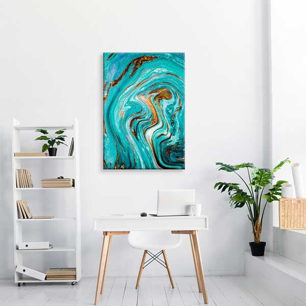 Turkuaz ve Altın Tonlu Modern Ebru Sanatı Dikey Duvar Tablosu Kanvas Tablo 12152