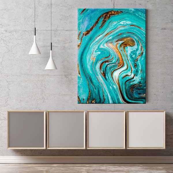 Turkuaz ve Altın Tonlu Modern Ebru Sanatı Dikey Duvar Tablosu Kanvas Tablo 12152